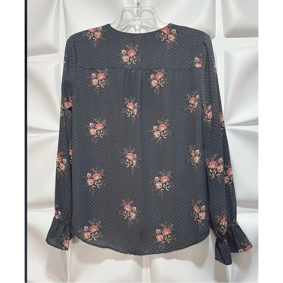 LOFT Sz S Gray Pink Floral Print Polka Dot Peasant Blouse Top Womens - Picture 4 of 6